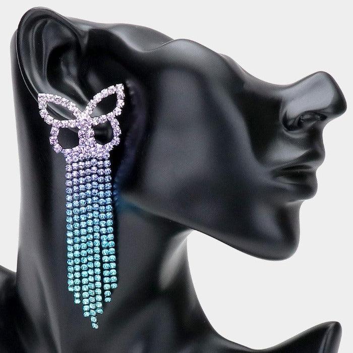 Ombre Butterfly Blue Rhinestone Fringe Earrings