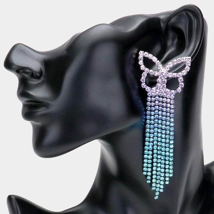 Ombre Butterfly Blue Rhinestone Fringe Earrings