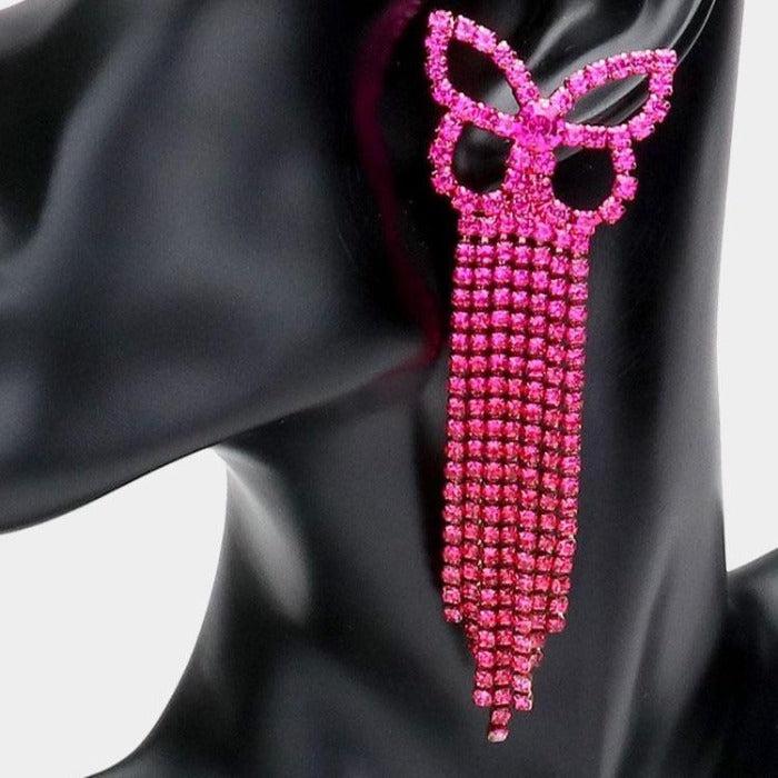 Ombre Butterfly Pink Rhinestone Fringe Earrings