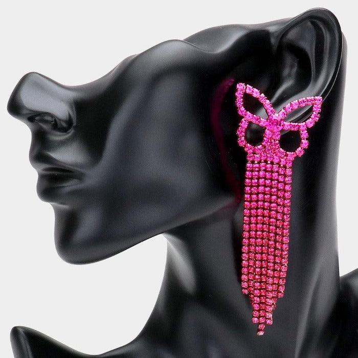 Ombre Butterfly Pink Rhinestone Fringe Earrings