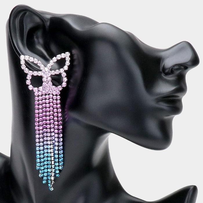 Ombre Butterfly Purple Rhinestone Fringe Earrings