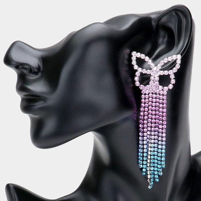 Ombre Butterfly Purple Rhinestone Fringe Earrings