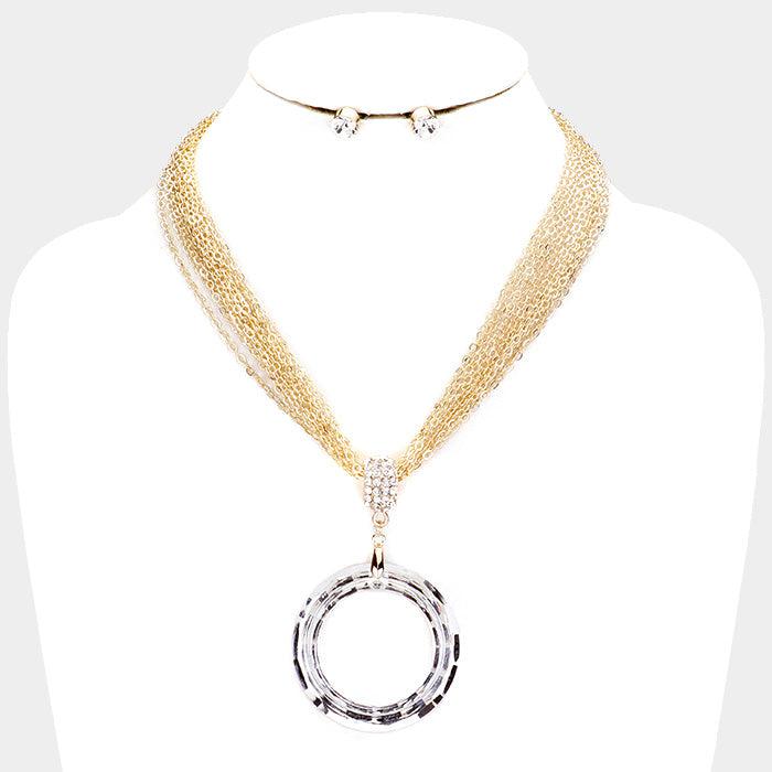 Open Circle Pendant Multi Strand Chain Necklace Set