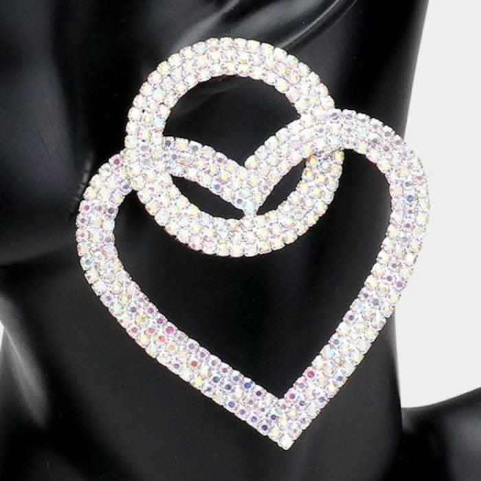 Open Circle Heart Link Abalone Rhinestone Silver Earrings-Earring-SPARKLE ARMAND
