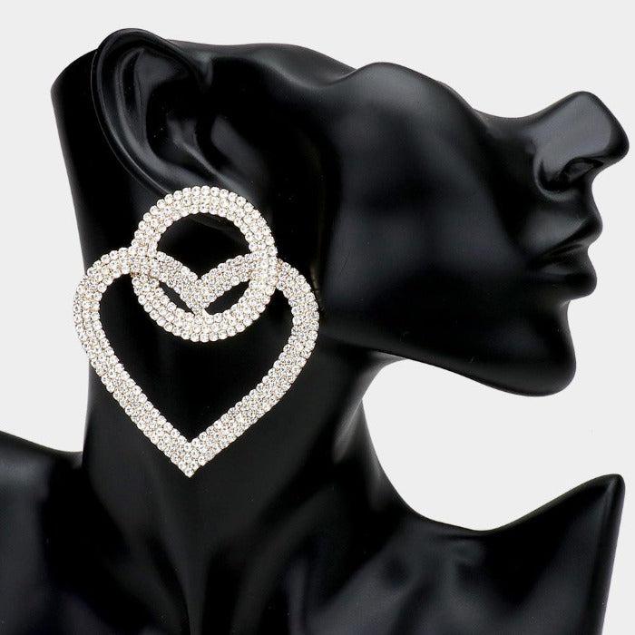 Open Circle Heart Link Clear Rhinestone Earrings-Earring-SPARKLE ARMAND