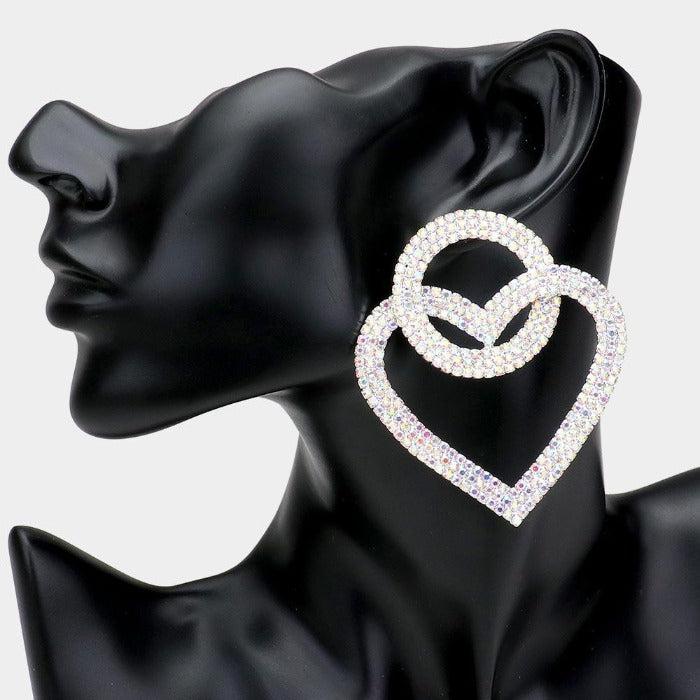 Open Circle Heart Link Clear Rhinestone Silver Earrings-Earring-SPARKLE ARMAND