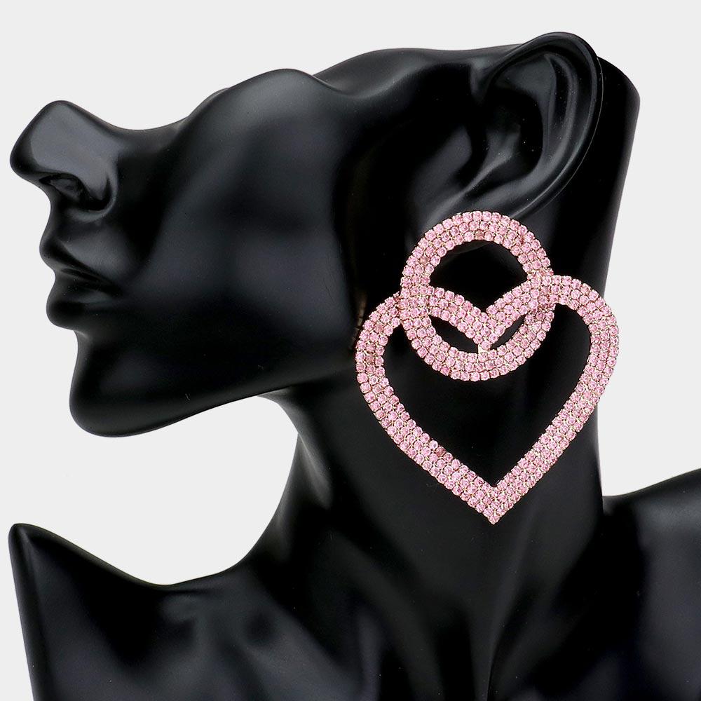 Open Circle Heart Link Pink Rhinestone Earrings-Earring-SPARKLE ARMAND