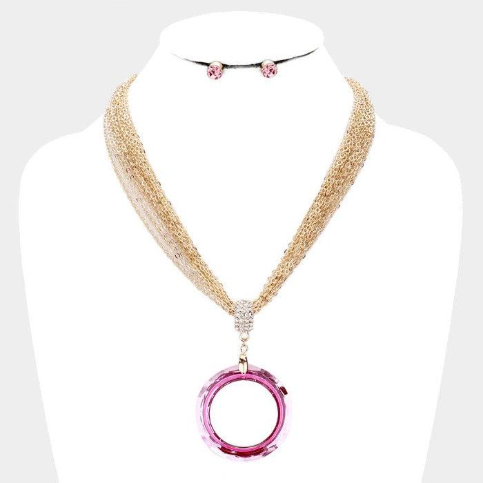 Open Circle Pink Multi Strand Chain Necklace Set