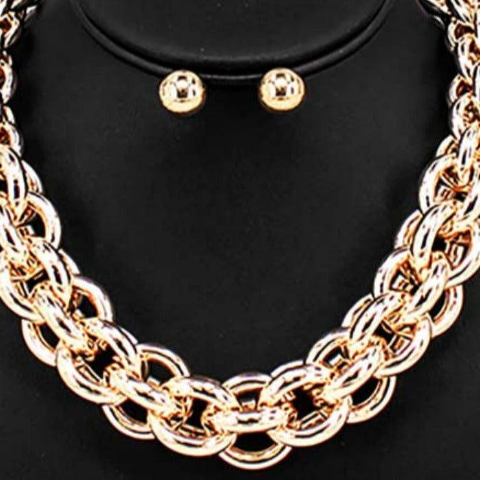Open Gold Metal Oval Link Statement Necklace Set