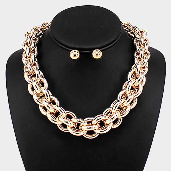 Open Gold Metal Oval Link Statement Necklace Set