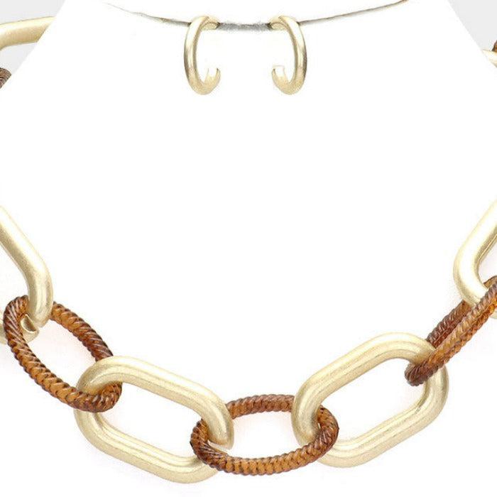 Open Oval Brown & Gold Link Necklace Set