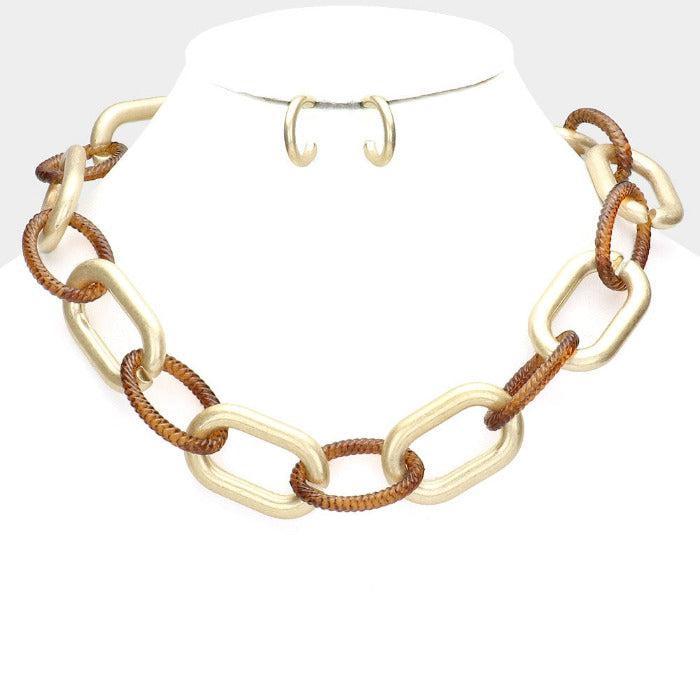 Open Oval Brown & Gold Link Necklace Set