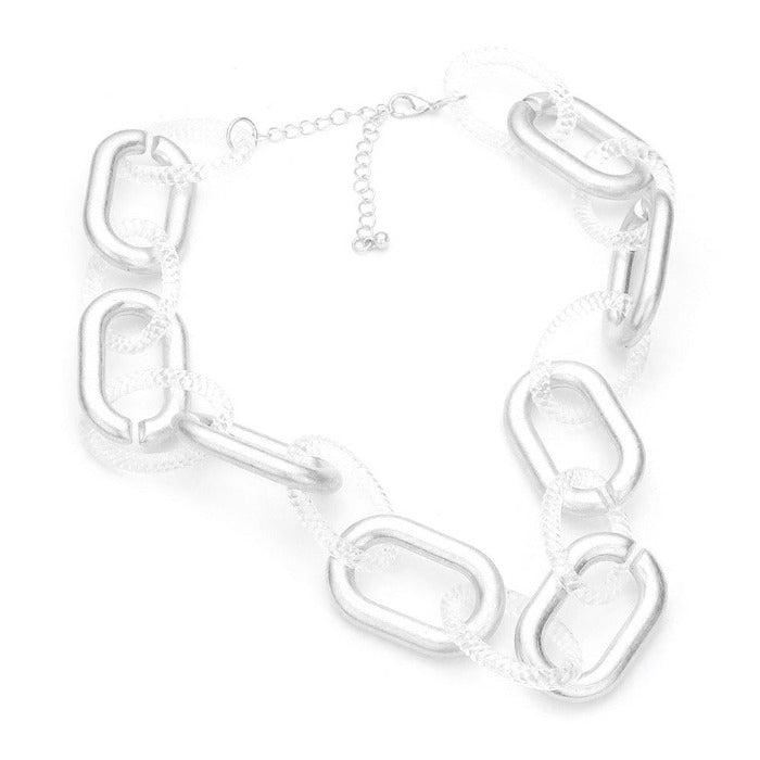 Open Oval Clear Resin & Silver Tone Link Necklace Set