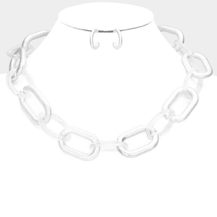 Open Oval Clear Resin & Silver Tone Link Necklace Set