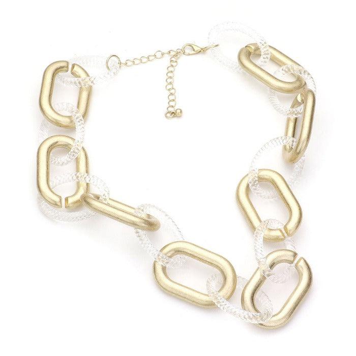 Open Oval Clear Resin & Worn Gold Link Necklace Set