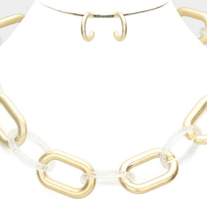 Open Oval Clear Resin & Worn Gold Link Necklace Set