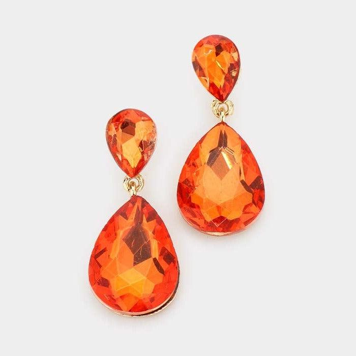 Orange Crystal Teardrop Gold Earrings by Miro Crystal Collection