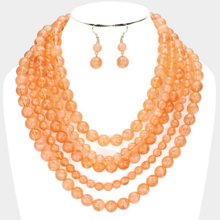 Orange Marble Lucite Bead Ball Necklace Set by V Foxy Collection
