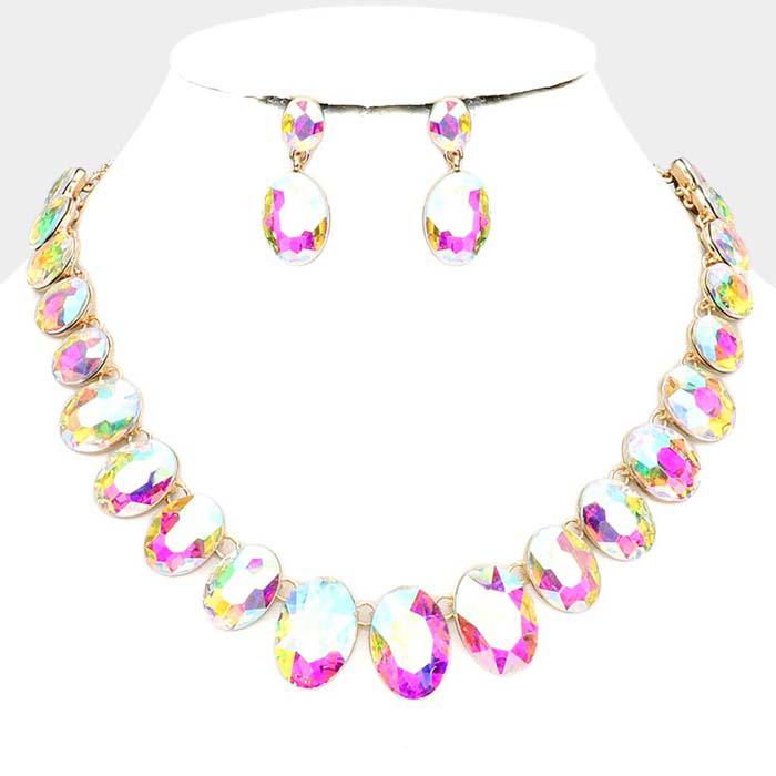 Oval Abalone Crystal Link Evening Gold Necklace Set-Necklace-SPARKLE ARMAND