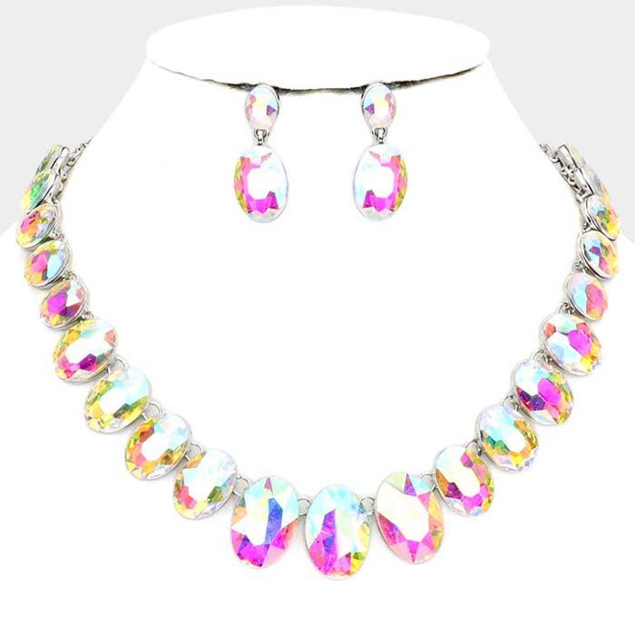 Oval Abalone Crystal Link Evening Silver Necklace Set