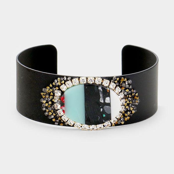Oval Bead Rhinestone Cluster Metal Cuff Bracelet