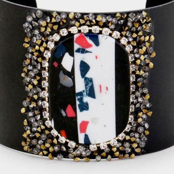 Oval Bead Rhinestone Cluster Metal Cuff Bracelet