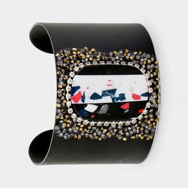 Oval Bead Rhinestone Cluster Metal Cuff Bracelet