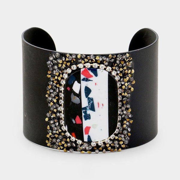 Oval Bead Rhinestone Cluster Metal Cuff Bracelet