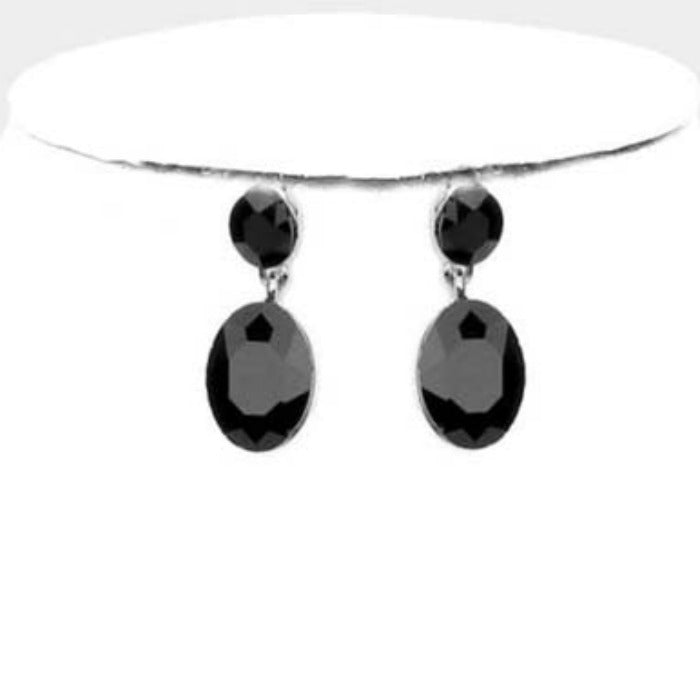Oval Black Crystal Link Evening Silver Necklace Set