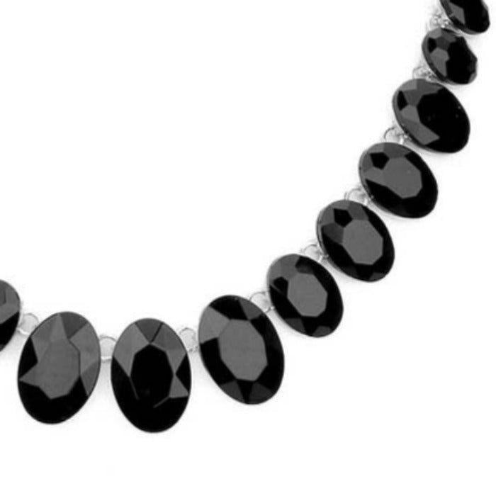 Oval Black Crystal Link Evening Silver Necklace Set