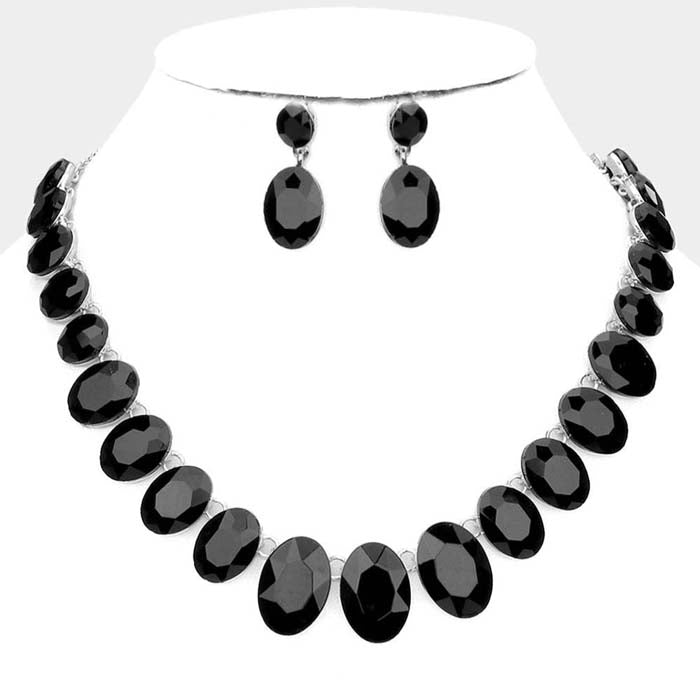 Oval Black Crystal Link Evening Silver Necklace Set