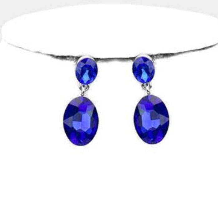 Oval Blue Crystal Link Evening Silver Necklace Set