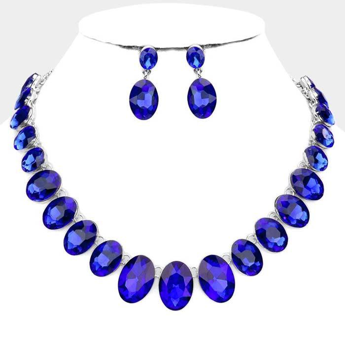 Oval Blue Crystal Link Evening Silver Necklace Set