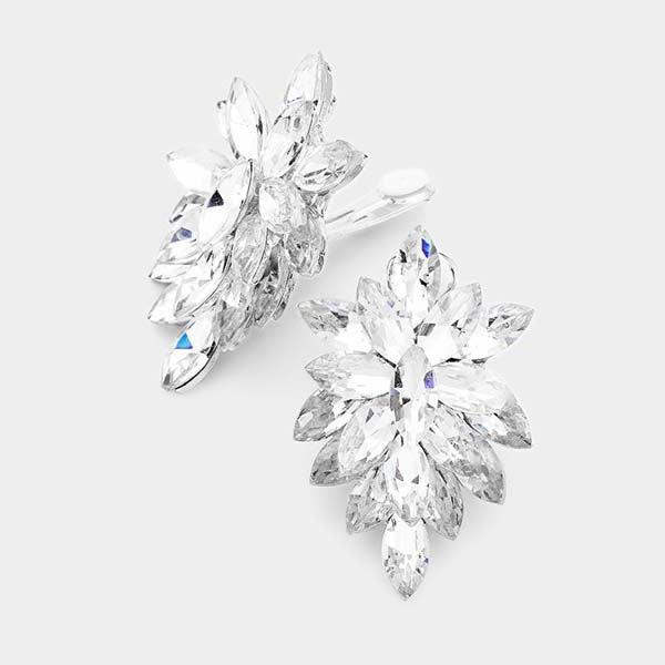 Oval Clear Crystal Cluster Clip on Silver Earrings