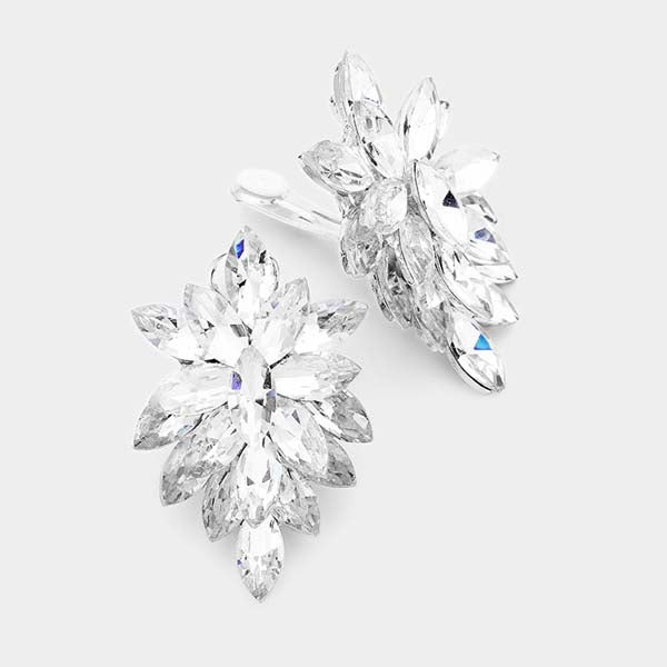 Oval Clear Crystal Cluster Clip on Silver Earrings