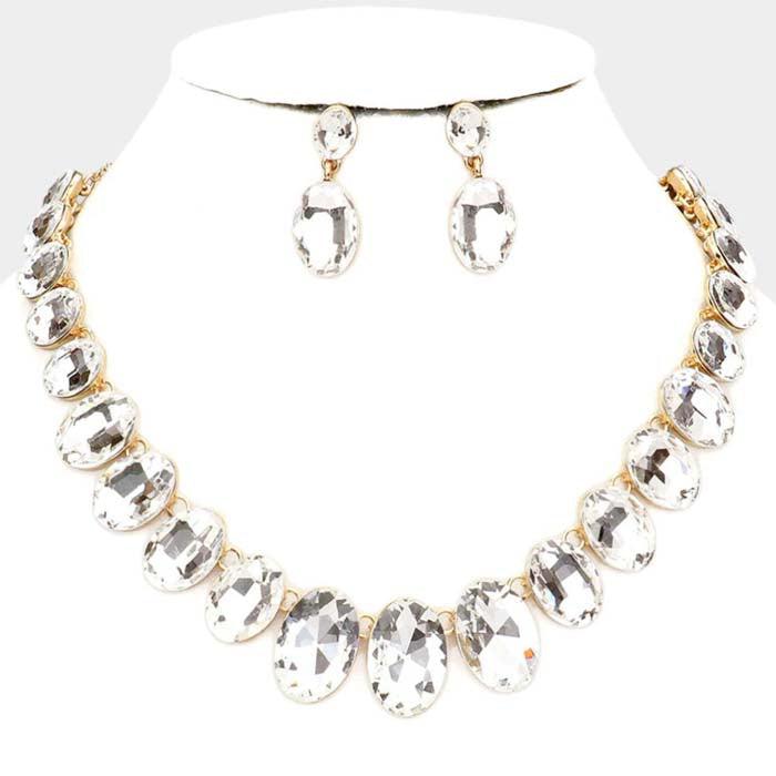 Oval Clear Crystal Link Evening Gold Necklace Set