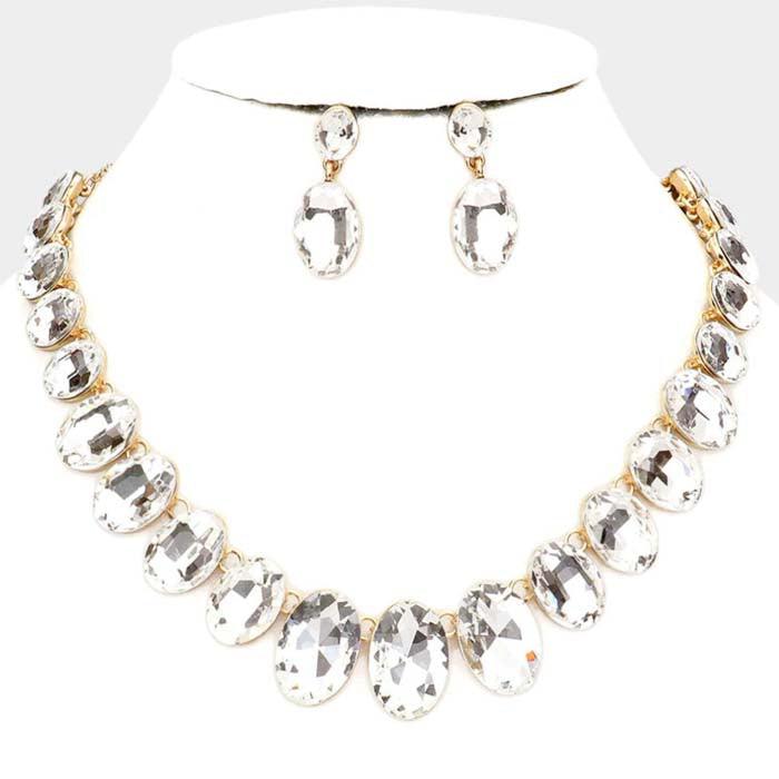 Oval Clear Crystal Link Evening Gold Necklace Set