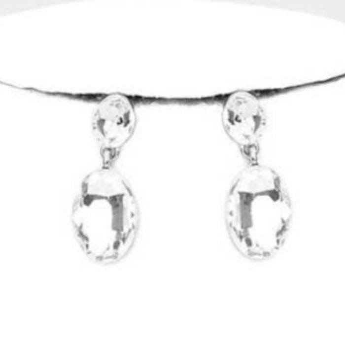 Oval Clear Crystal Link Evening Silver Necklace Set