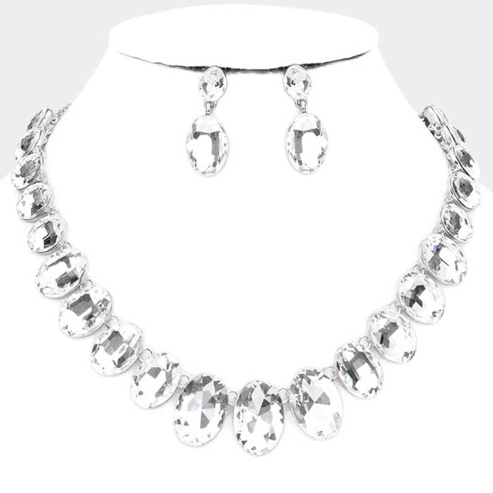 Oval Clear Crystal Link Evening Silver Necklace Set