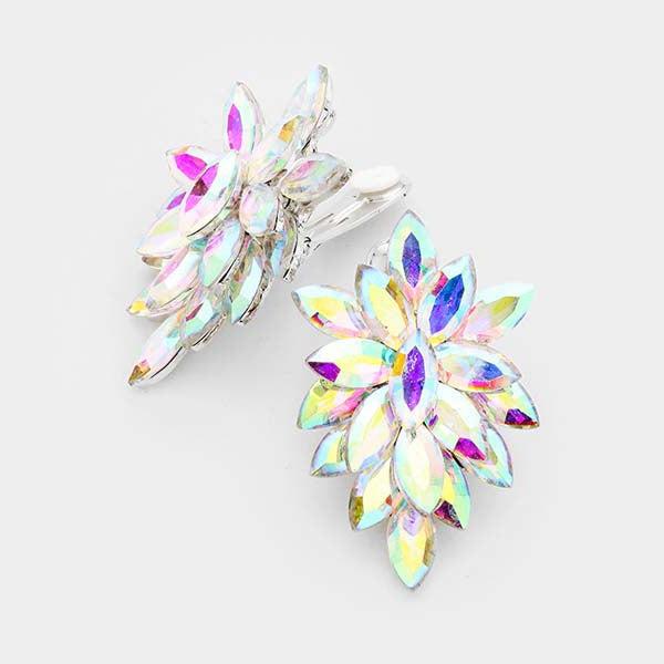 Oval Crystal Aurora Borealis Cluster Clip on Silver Earrings