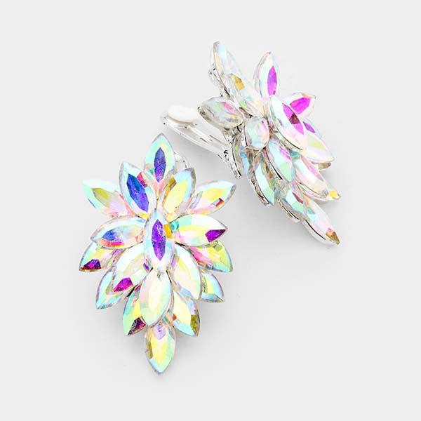 Oval Crystal Aurora Borealis Cluster Clip on Silver Earrings