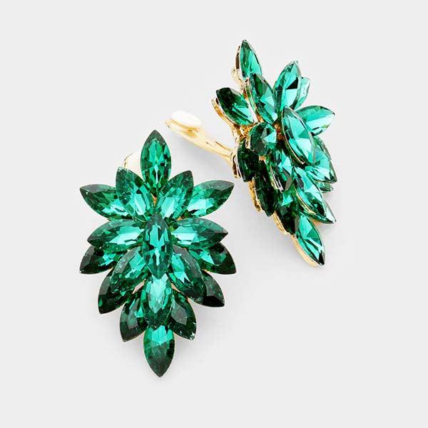 Oval Emerald Green Crystal Cluster Clip on Gold Earrings