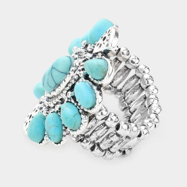 Oval Faux Turquoise Stone Center Stretch Ring-Ring-SPARKLE ARMAND