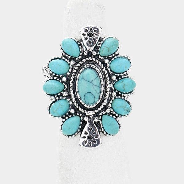 Oval Faux Turquoise Stone Center Stretch Ring-Ring-SPARKLE ARMAND
