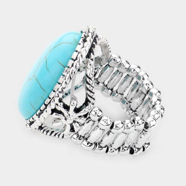 Oval Faux Turquoise Stone Center Stretch Ring-Ring-SPARKLE ARMAND