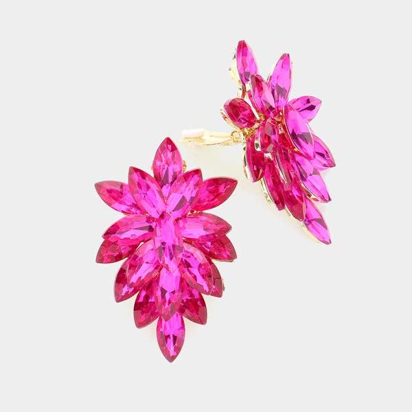 Oval Fuchsia Crystal Cluster Clip on Gold Earrings
