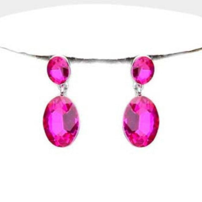 Oval Fuchsia Crystal Link Evening Silver Necklace Set