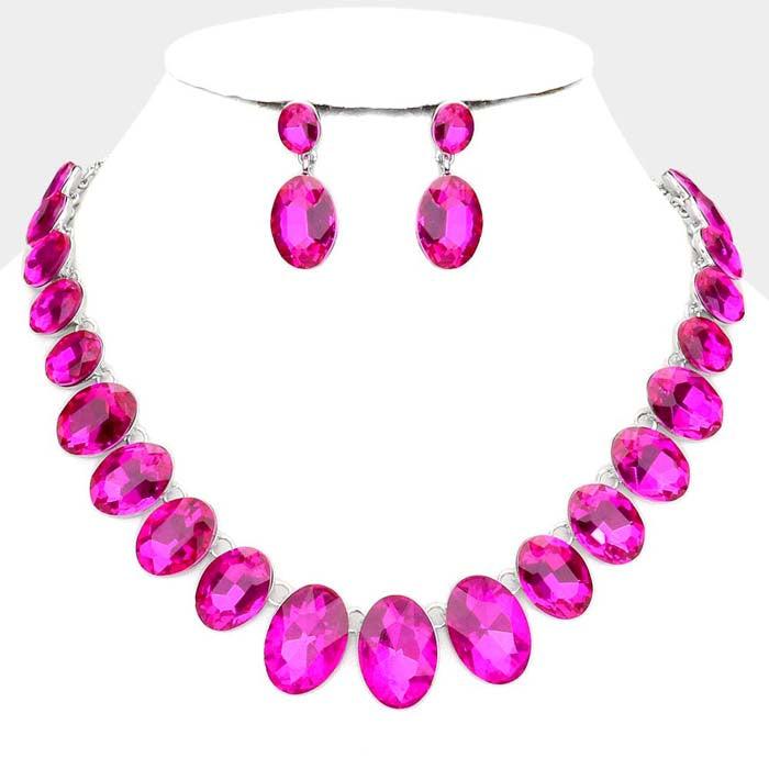 Oval Fuchsia Crystal Link Evening Silver Necklace Set