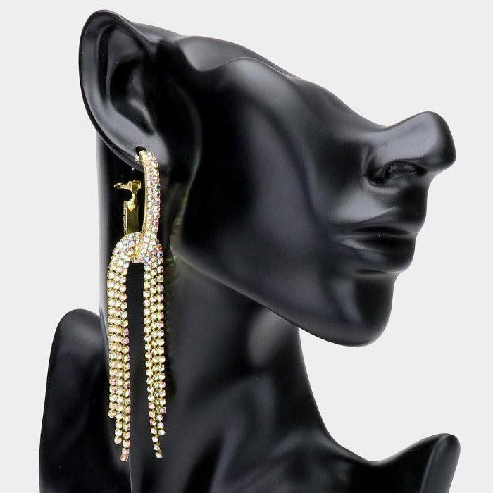 Oval Hoop Abalone Rhinestone Long Gold Earrings