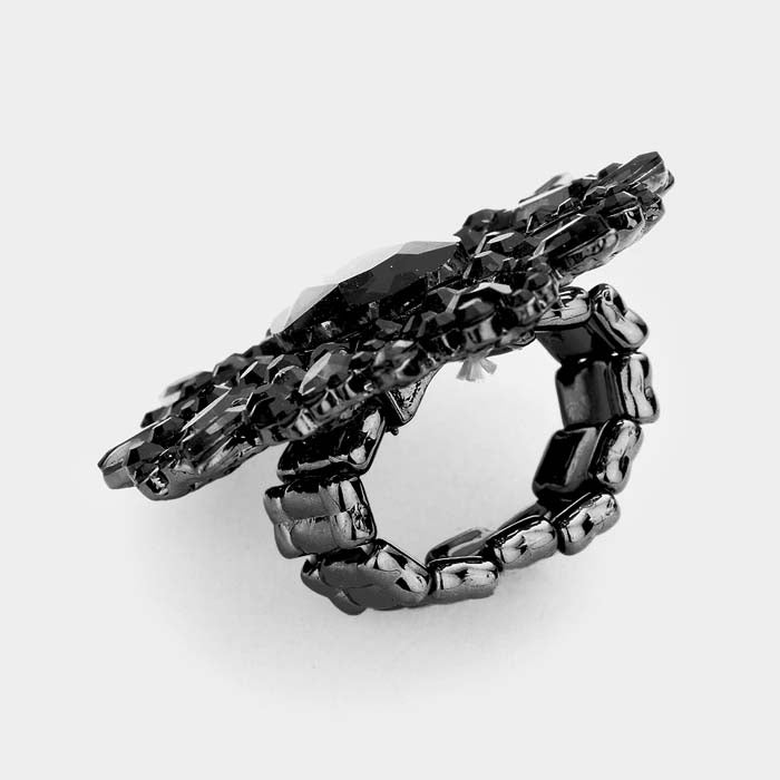 Oval Jet Black Crystal Cluster Stretch Ring